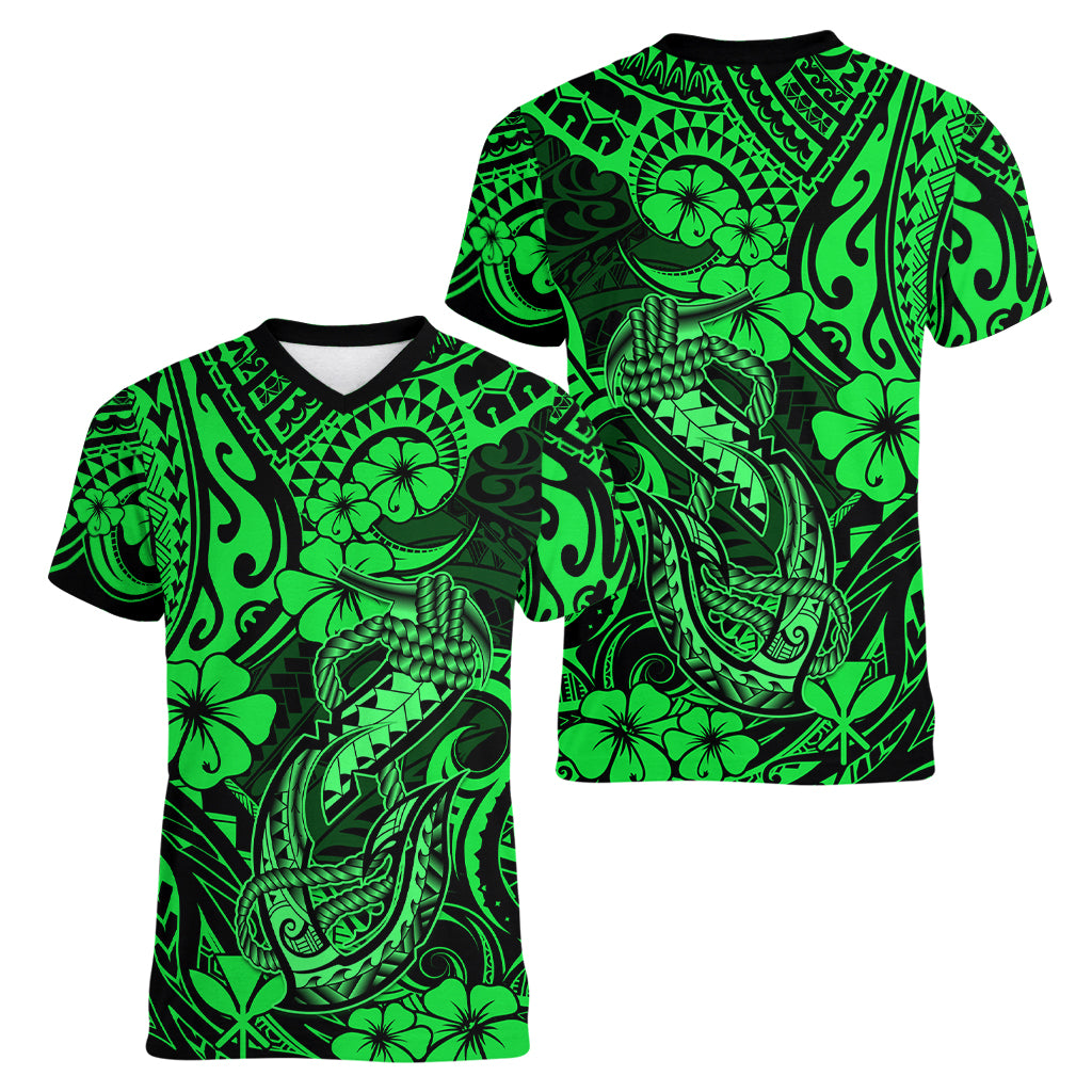 Hawaii Fish Hook Women V Neck T Shirt Polynesian Pattern Green Version LT01 - Polynesian Pride
