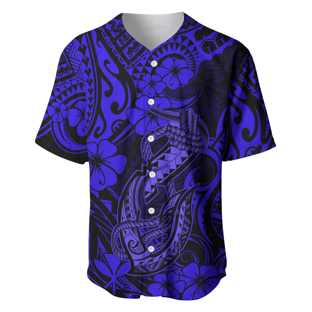 Hawaii Fish Hook Baseball Jersey Polynesian Pattern Navy Blue Version LT01 Blue - Polynesian Pride