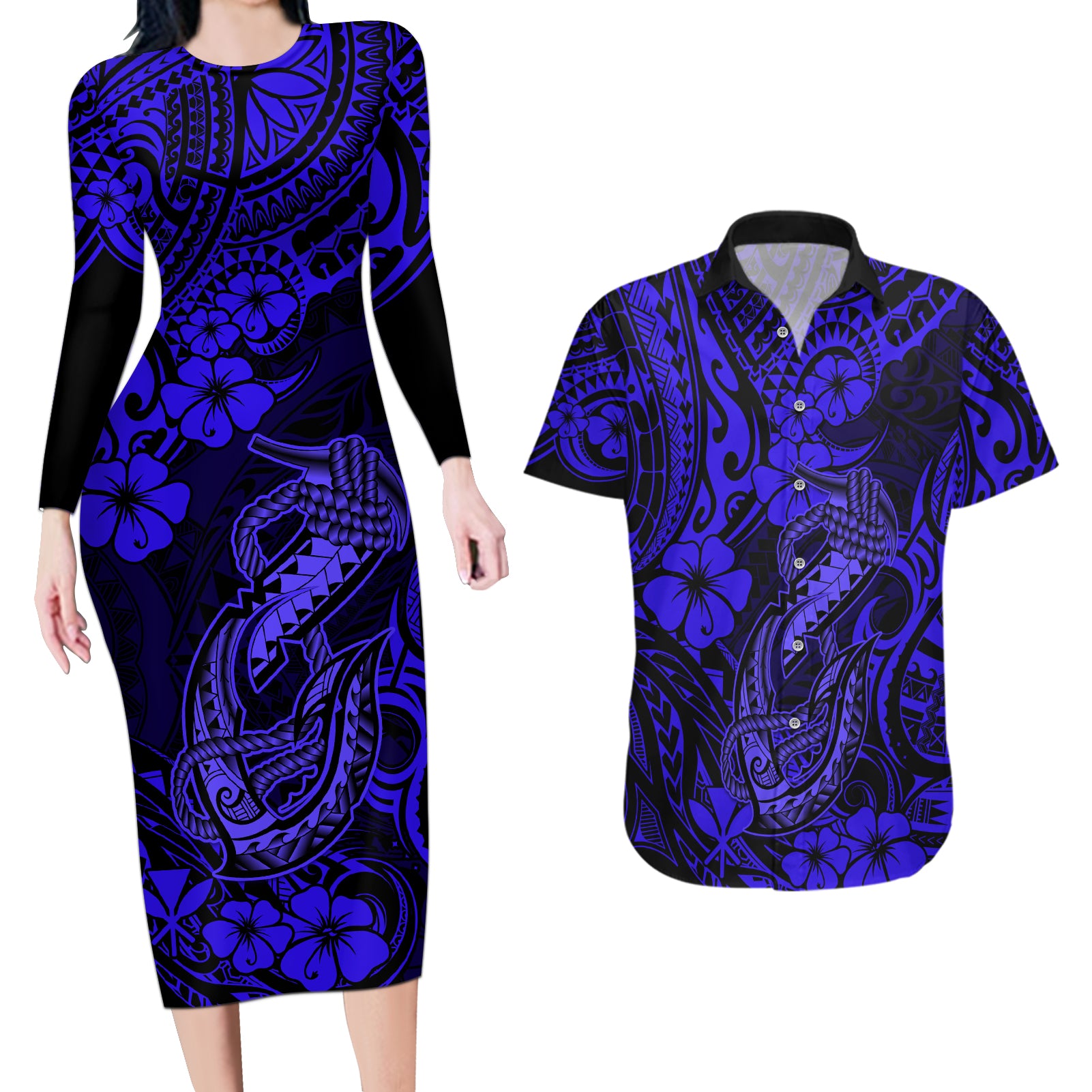 Hawaii Fish Hook Couples Matching Long Sleeve Bodycon Dress and Hawaiian Shirt Polynesian Pattern Navy Blue Version LT01 Blue - Polynesian Pride