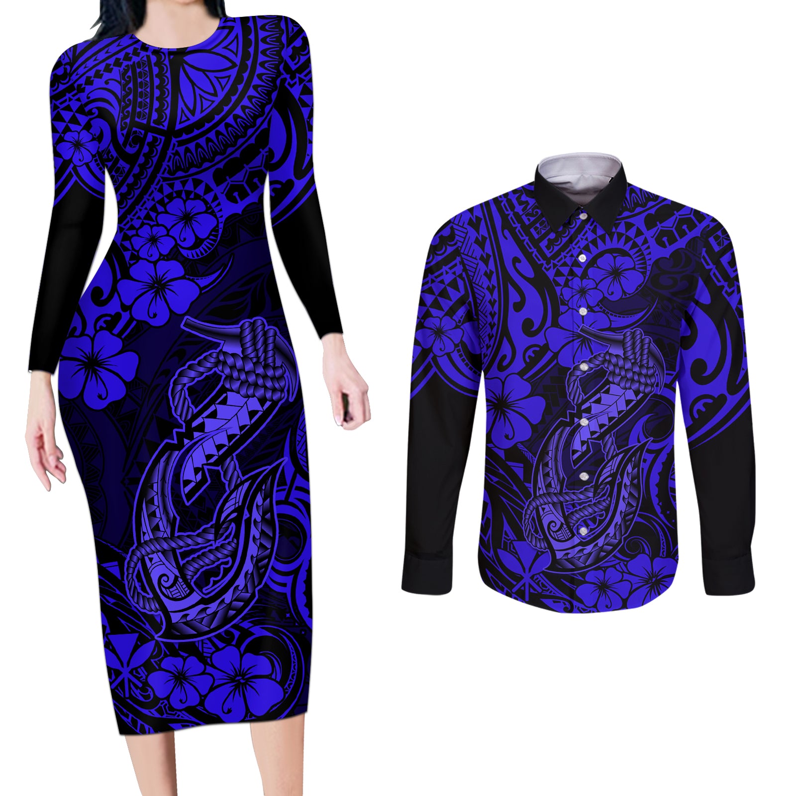 Hawaii Fish Hook Couples Matching Long Sleeve Bodycon Dress and Long Sleeve Button Shirts Polynesian Pattern Navy Blue Version LT01 Blue - Polynesian Pride