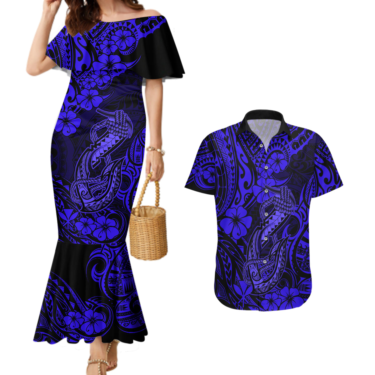 Hawaii Fish Hook Couples Matching Mermaid Dress and Hawaiian Shirt Polynesian Pattern Navy Blue Version LT01 Blue - Polynesian Pride