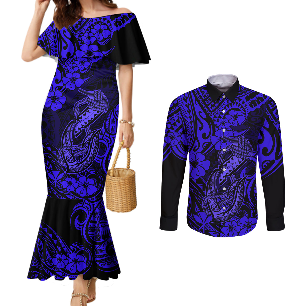 Hawaii Fish Hook Couples Matching Mermaid Dress and Long Sleeve Button Shirts Polynesian Pattern Navy Blue Version LT01 Blue - Polynesian Pride