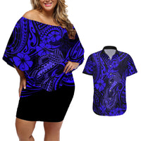 Hawaii Fish Hook Couples Matching Off Shoulder Short Dress and Hawaiian Shirt Polynesian Pattern Navy Blue Version LT01 Blue - Polynesian Pride