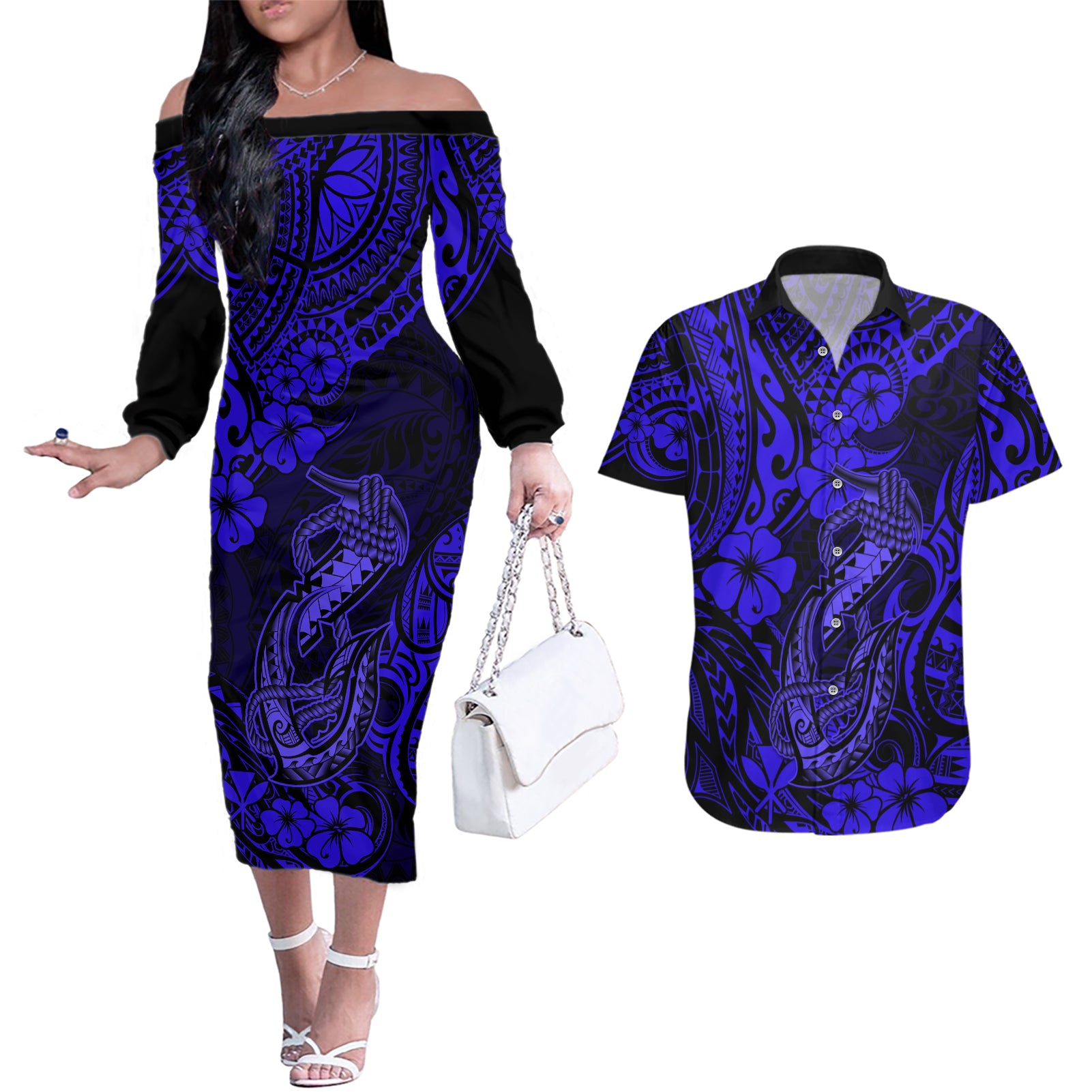 Hawaii Fish Hook Couples Matching Off The Shoulder Long Sleeve Dress and Hawaiian Shirt Polynesian Pattern Navy Blue Version LT01 Blue - Polynesian Pride