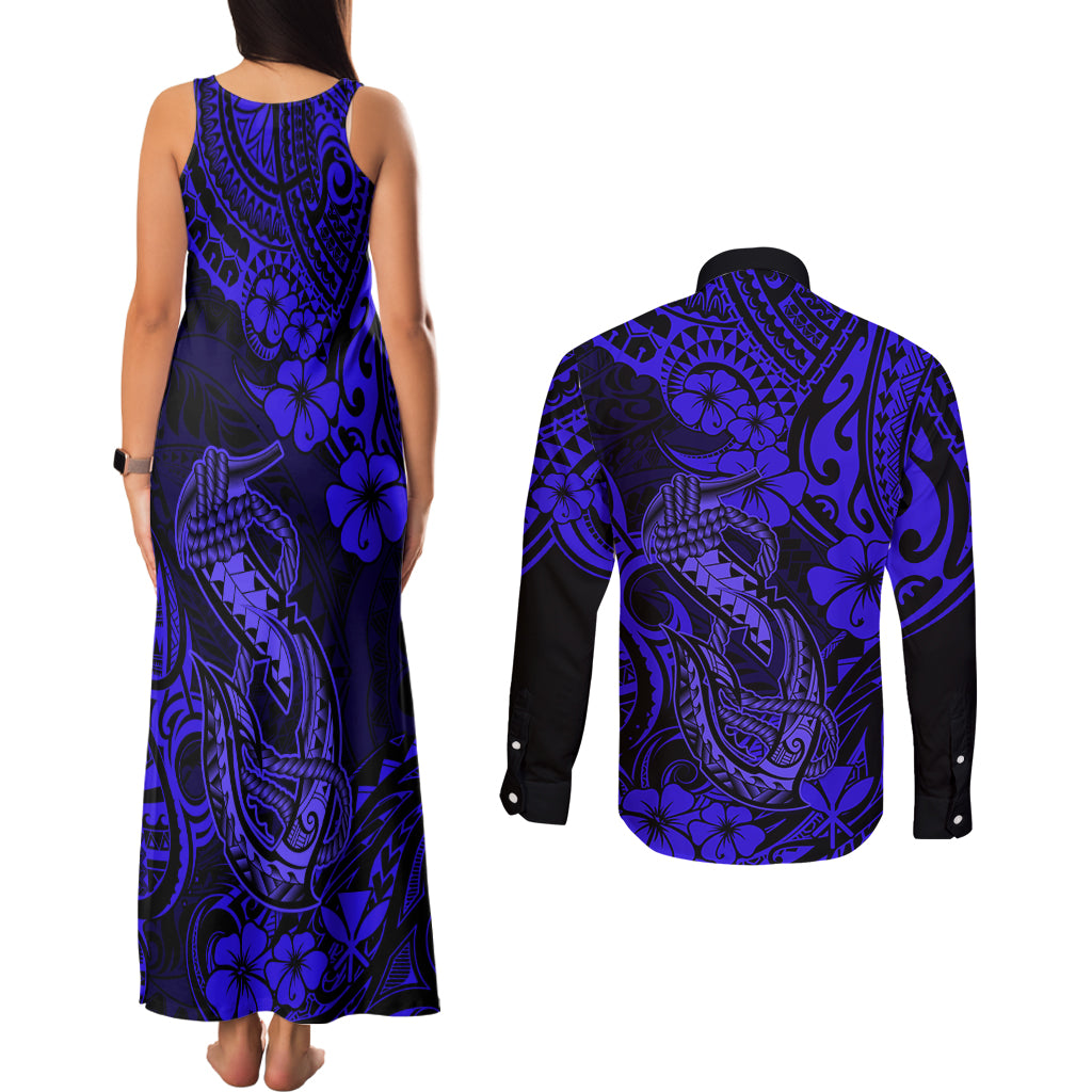 Hawaii Fish Hook Couples Matching Tank Maxi Dress and Long Sleeve Button Shirts Polynesian Pattern Navy Blue Version LT01 - Polynesian Pride