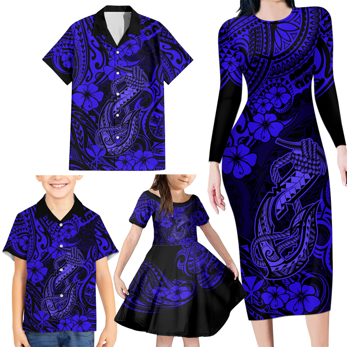 Hawaii Fish Hook Family Matching Long Sleeve Bodycon Dress and Hawaiian Shirt Polynesian Pattern Navy Blue Version LT01 - Polynesian Pride