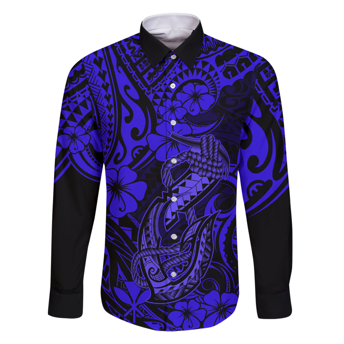 Hawaii Fish Hook Family Matching Mermaid Dress and Hawaiian Shirt Polynesian Pattern Navy Blue Version LT01 Dad's Shirt - Long Sleeve Blue - Polynesian Pride