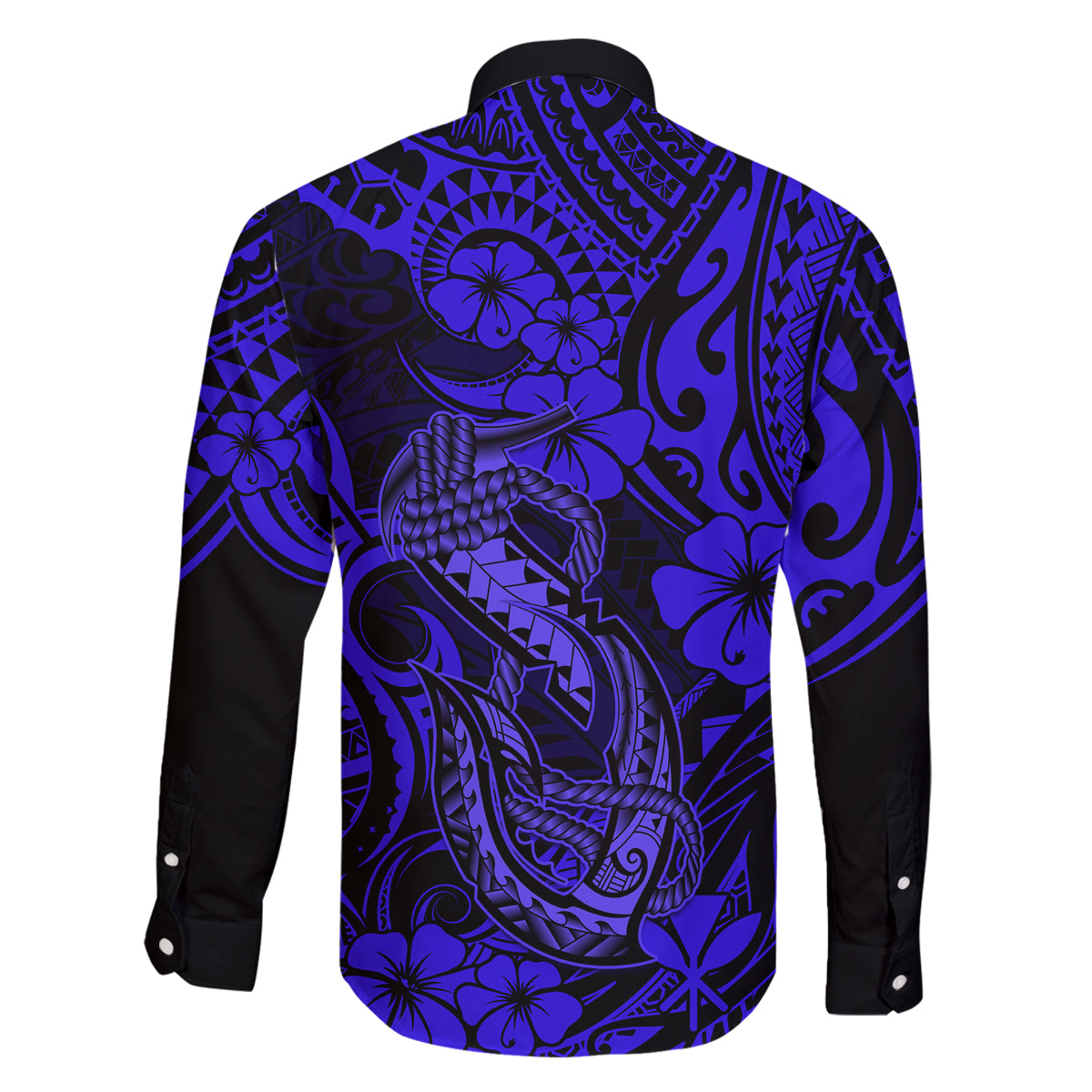 Hawaii Fish Hook Family Matching Off Shoulder Long Sleeve Dress and Hawaiian Shirt Polynesian Pattern Navy Blue Version LT01 - Polynesian Pride