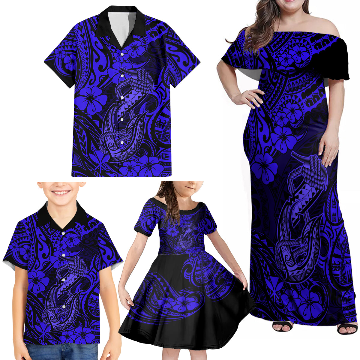 Hawaii Fish Hook Family Matching Off Shoulder Maxi Dress and Hawaiian Shirt Polynesian Pattern Navy Blue Version LT01 - Polynesian Pride