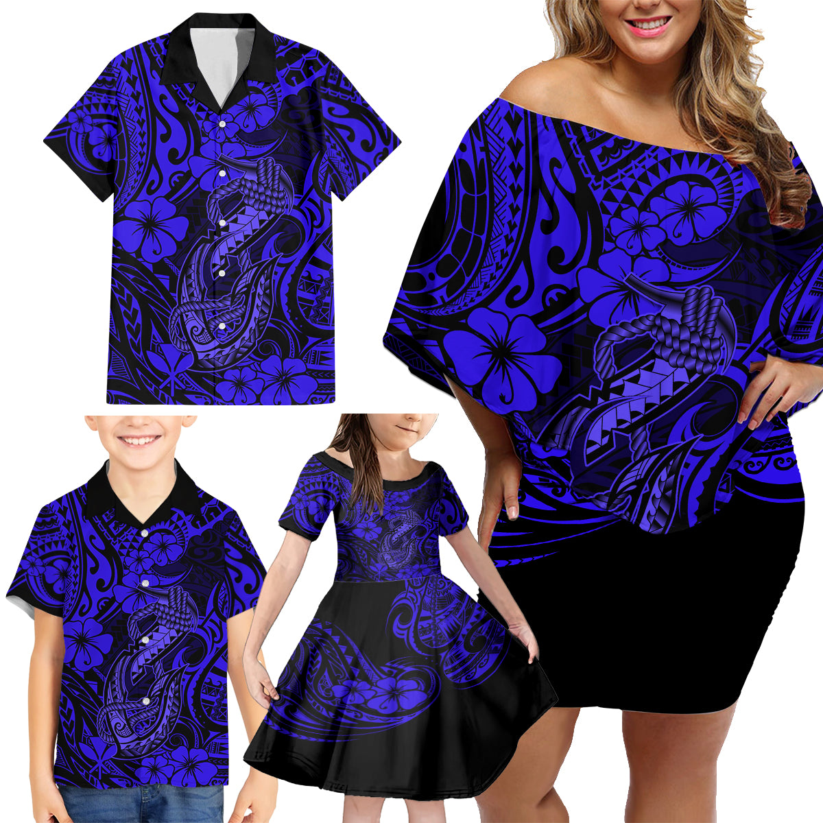 Hawaii Fish Hook Family Matching Off Shoulder Short Dress and Hawaiian Shirt Polynesian Pattern Navy Blue Version LT01 - Polynesian Pride