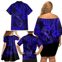 Hawaii Fish Hook Family Matching Off Shoulder Short Dress and Hawaiian Shirt Polynesian Pattern Navy Blue Version LT01 - Polynesian Pride