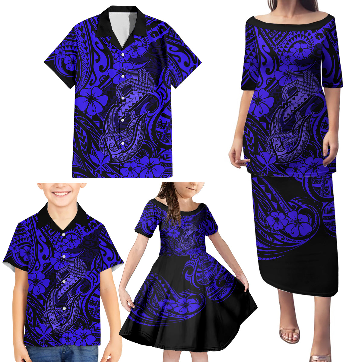 Hawaii Fish Hook Family Matching Puletasi Dress and Hawaiian Shirt Polynesian Pattern Navy Blue Version LT01 - Polynesian Pride