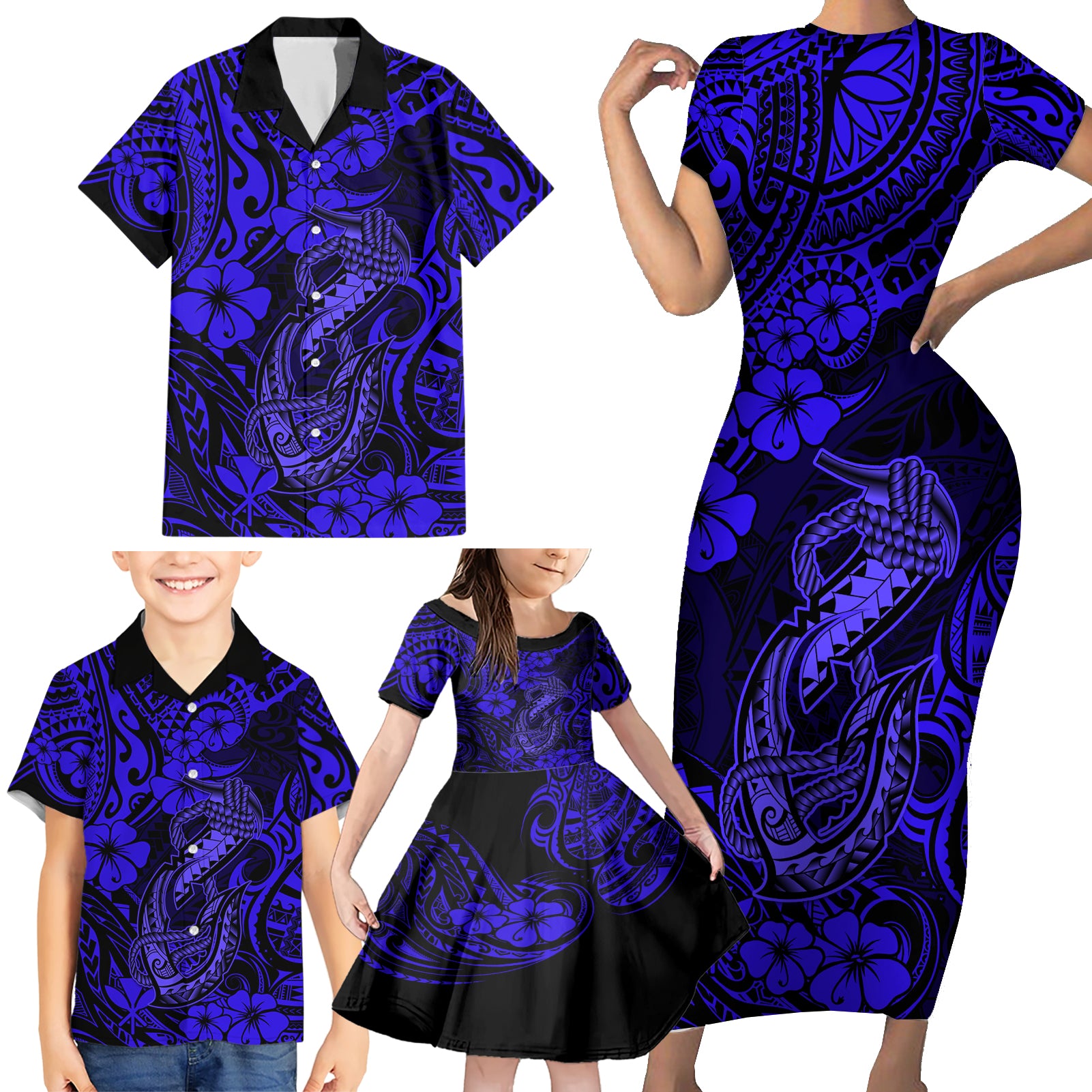 Hawaii Fish Hook Family Matching Short Sleeve Bodycon Dress and Hawaiian Shirt Polynesian Pattern Navy Blue Version LT01 - Polynesian Pride