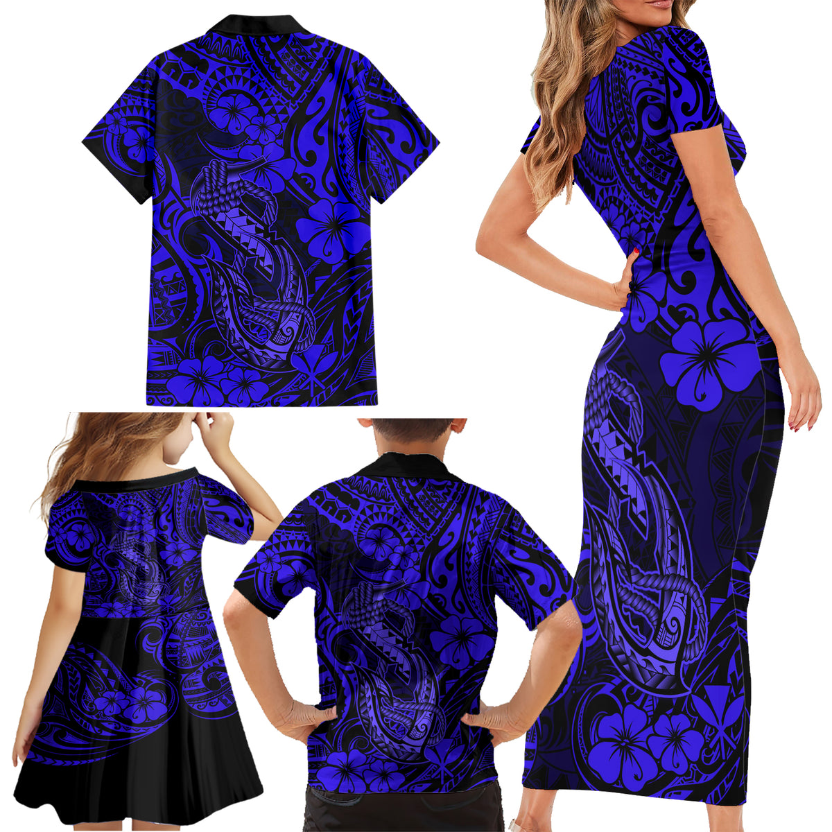 Hawaii Fish Hook Family Matching Short Sleeve Bodycon Dress and Hawaiian Shirt Polynesian Pattern Navy Blue Version LT01 - Polynesian Pride