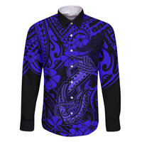 Hawaii Fish Hook Family Matching Short Sleeve Bodycon Dress and Hawaiian Shirt Polynesian Pattern Navy Blue Version LT01 Dad's Shirt - Long Sleeve Blue - Polynesian Pride