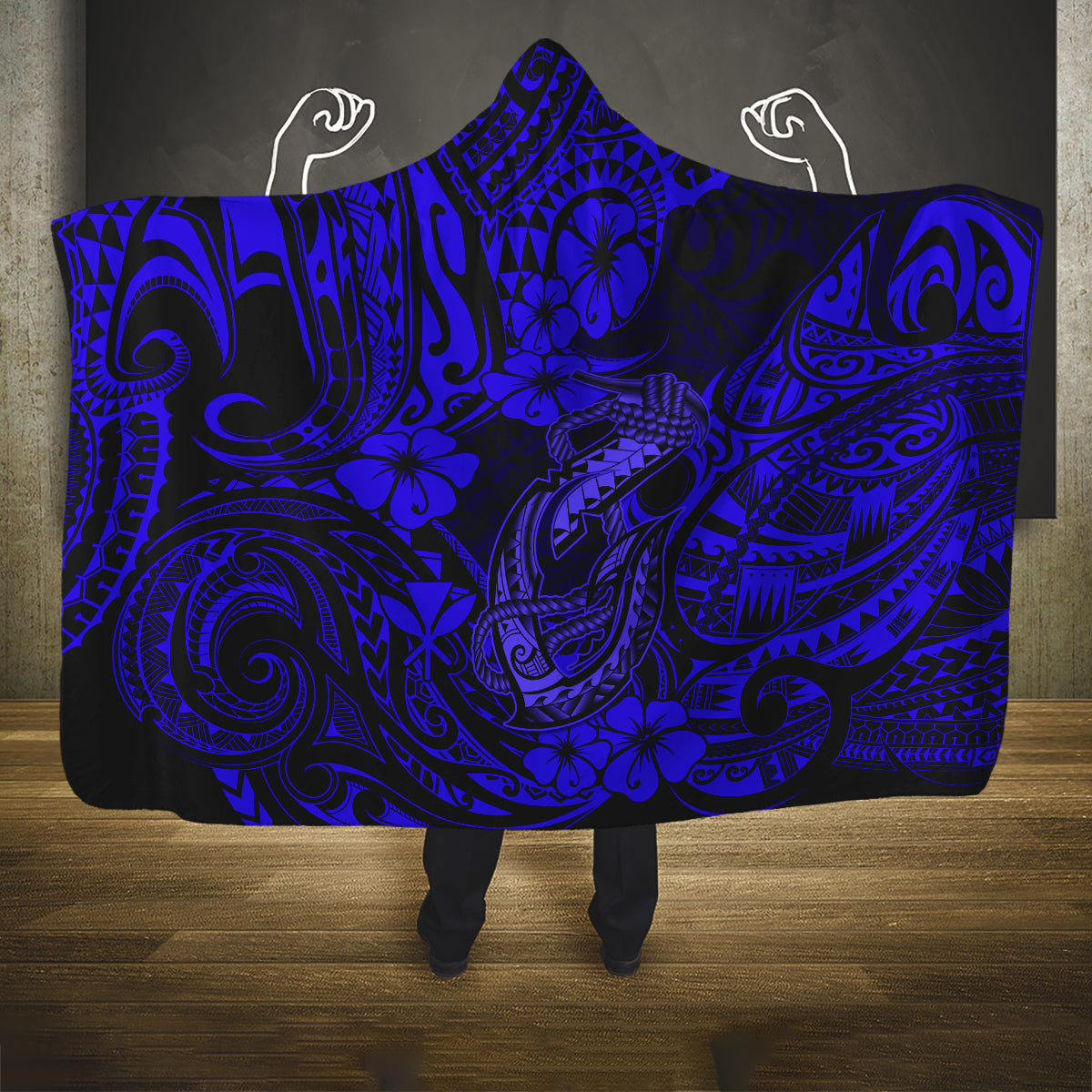 Hawaii Fish Hook Hooded Blanket Polynesian Pattern Navy Blue Version LT01 One Size Blue - Polynesian Pride