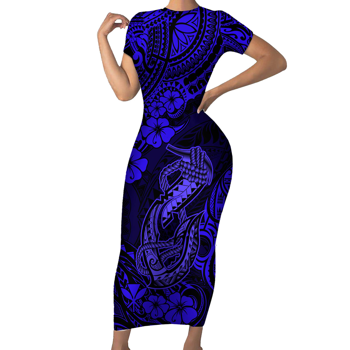Hawaii Fish Hook Short Sleeve Bodycon Dress Polynesian Pattern Navy Blue Version LT01 Long Dress Blue - Polynesian Pride