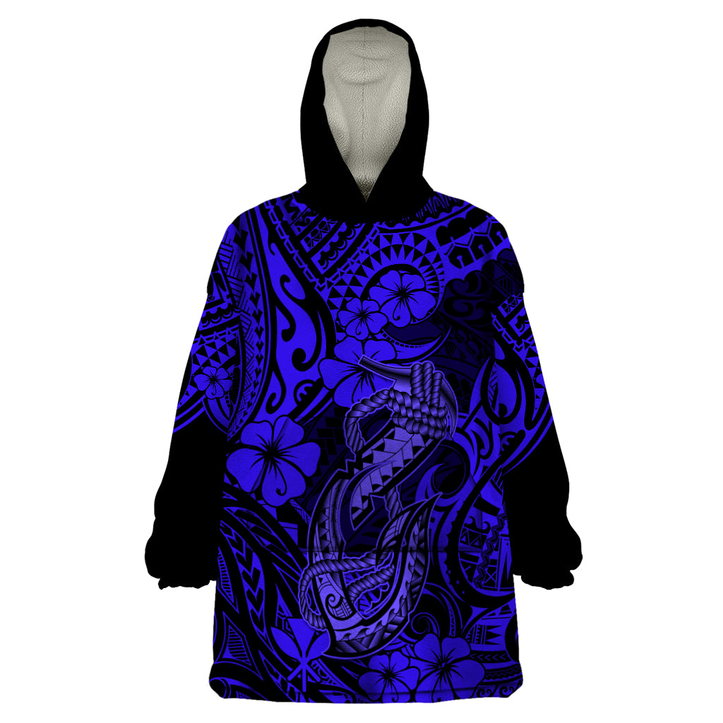 Hawaii Fish Hook Wearable Blanket Hoodie Polynesian Pattern Navy Blue Version LT01 One Size Blue - Polynesian Pride