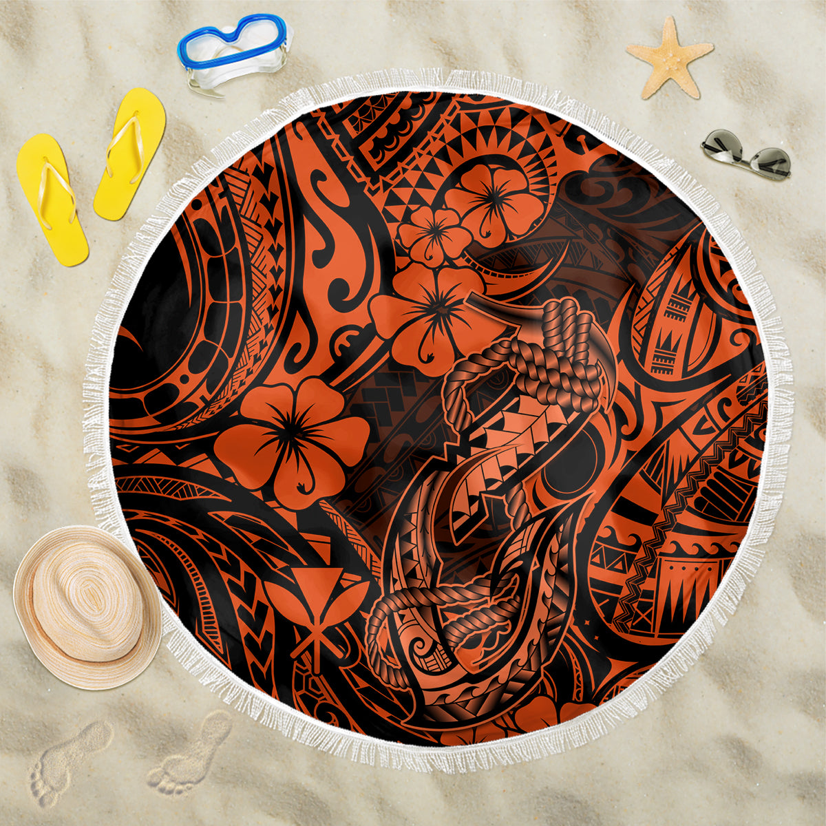 Hawaii Fish Hook Beach Blanket Polynesian Pattern Orange Version LT01 One Size 150cm Orange - Wonder Print Shop