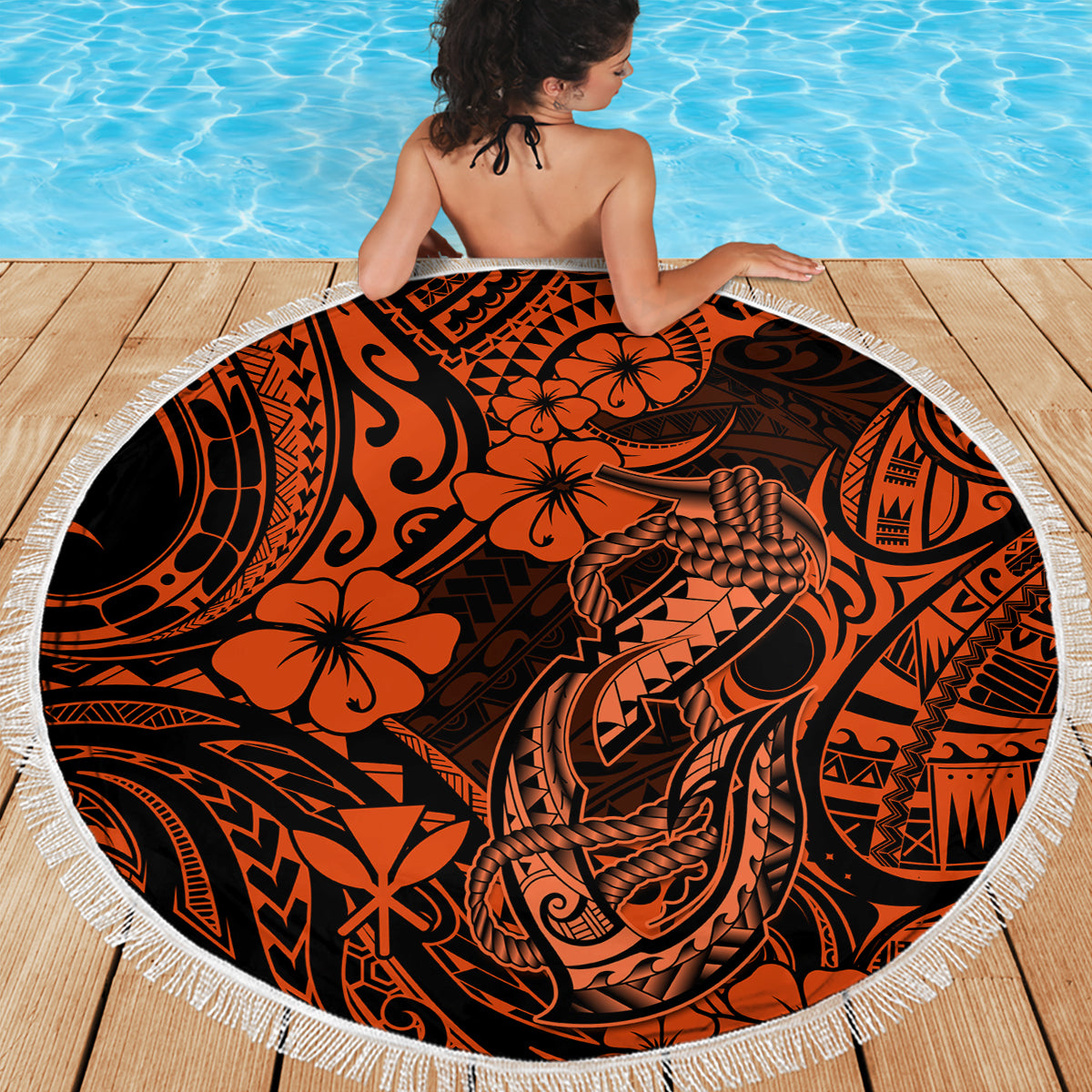 Hawaii Fish Hook Beach Blanket Polynesian Pattern Orange Version LT01 - Wonder Print Shop
