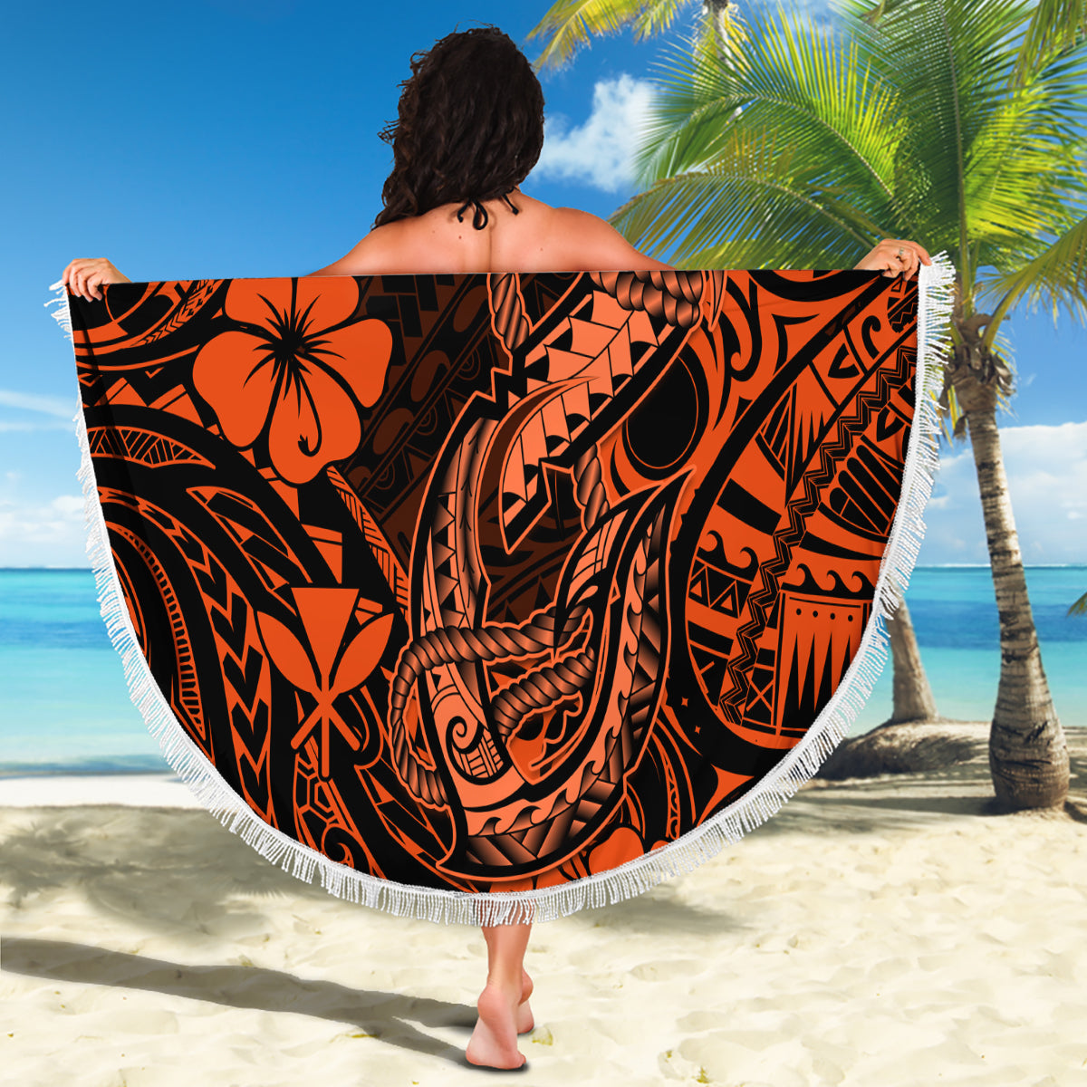 Hawaii Fish Hook Beach Blanket Polynesian Pattern Orange Version LT01 - Wonder Print Shop