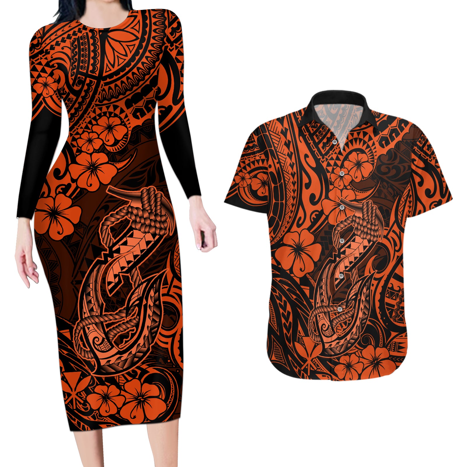 Hawaii Fish Hook Couples Matching Long Sleeve Bodycon Dress and Hawaiian Shirt Polynesian Pattern Orange Version LT01 Orange - Polynesian Pride