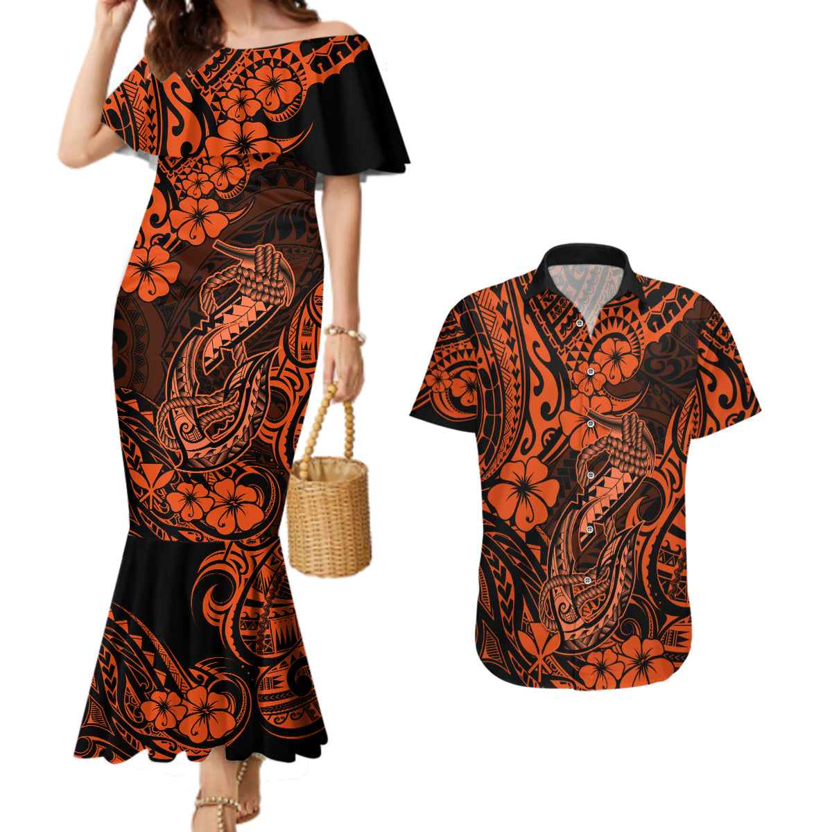 Hawaii Fish Hook Couples Matching Mermaid Dress and Hawaiian Shirt Polynesian Pattern Orange Version LT01 Orange - Polynesian Pride