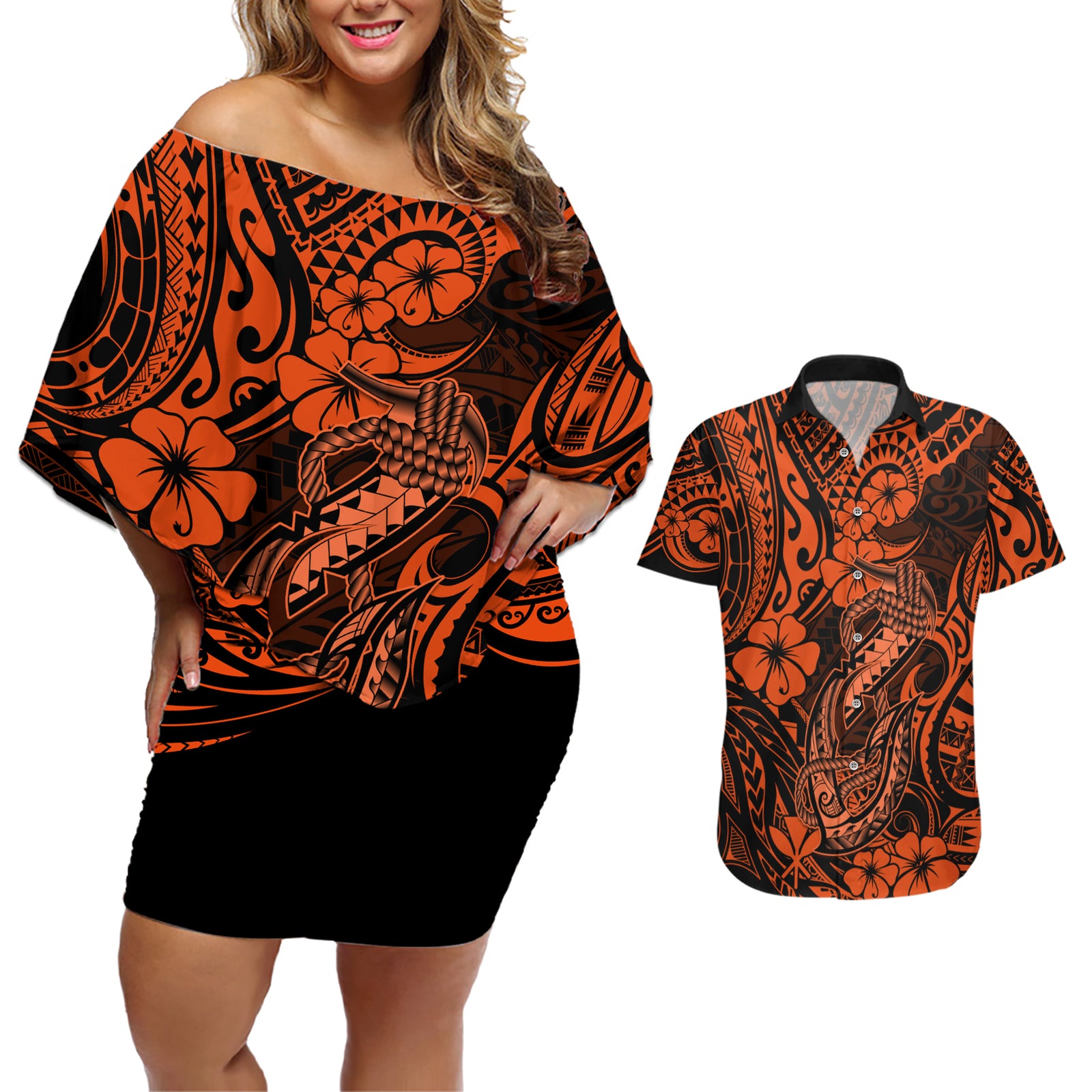Hawaii Fish Hook Couples Matching Off Shoulder Short Dress and Hawaiian Shirt Polynesian Pattern Orange Version LT01 Orange - Polynesian Pride