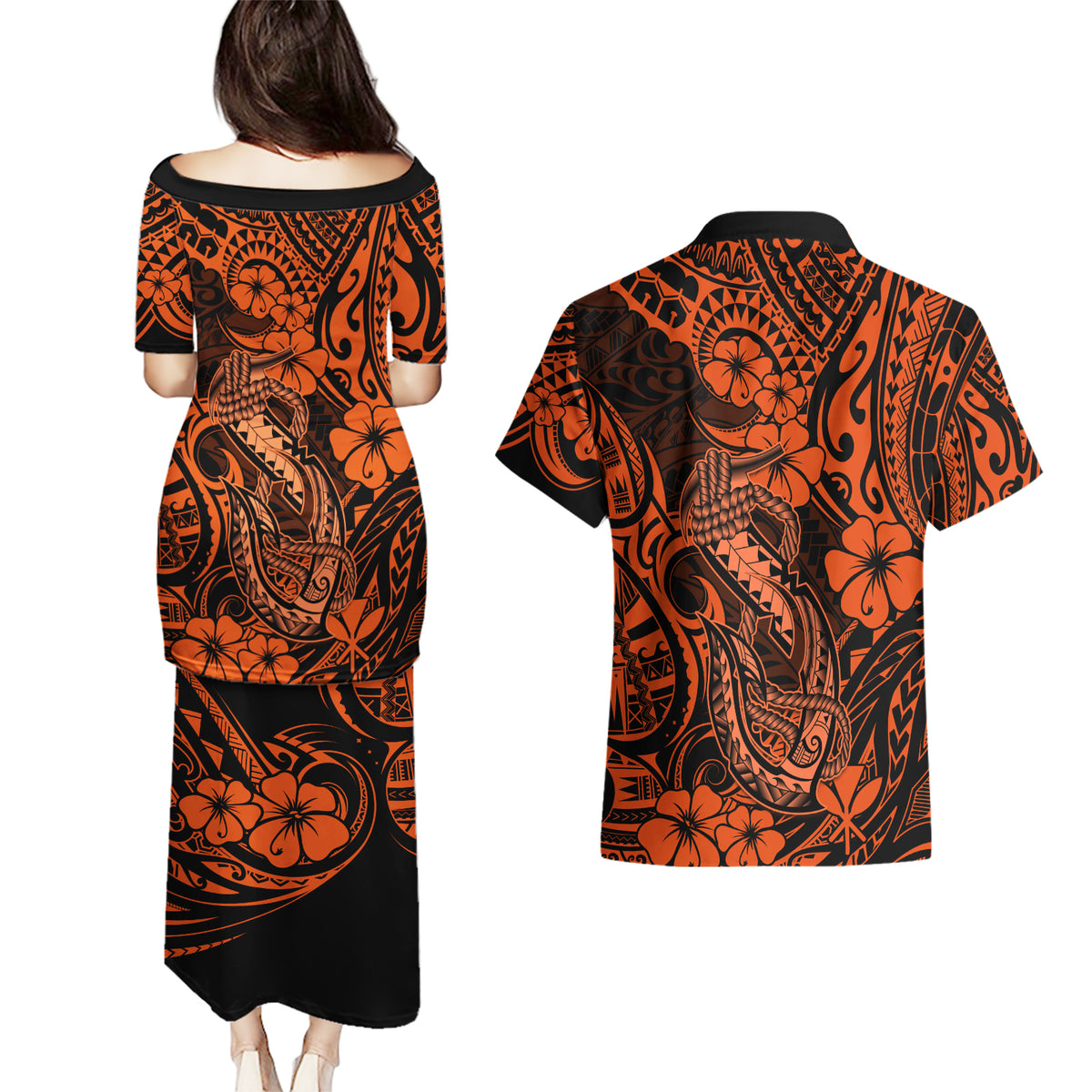 Hawaii Fish Hook Couples Matching Puletasi Dress and Hawaiian Shirt Polynesian Pattern Orange Version LT01 - Polynesian Pride