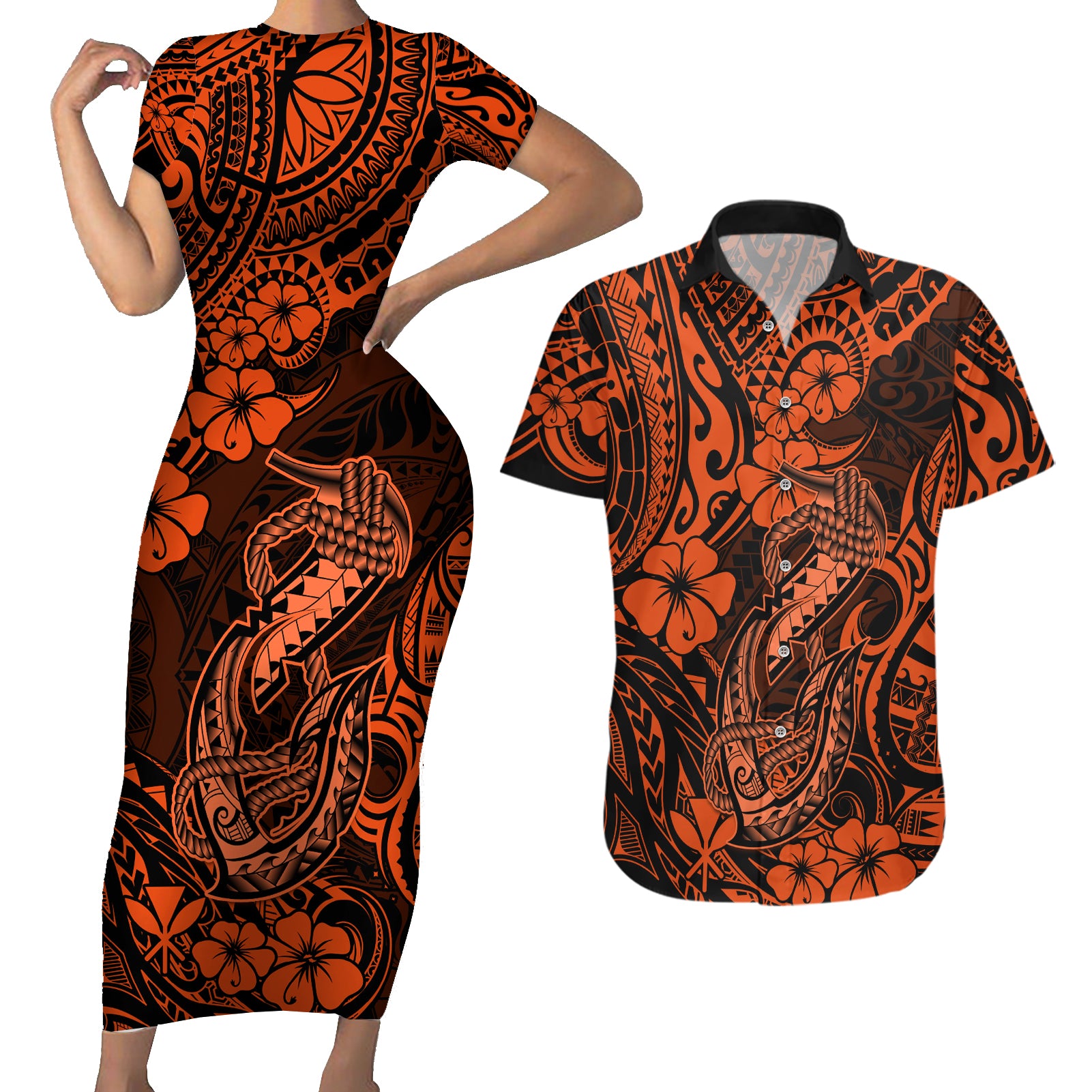 Hawaii Fish Hook Couples Matching Short Sleeve Bodycon Dress and Hawaiian Shirt Polynesian Pattern Orange Version LT01 Orange - Polynesian Pride