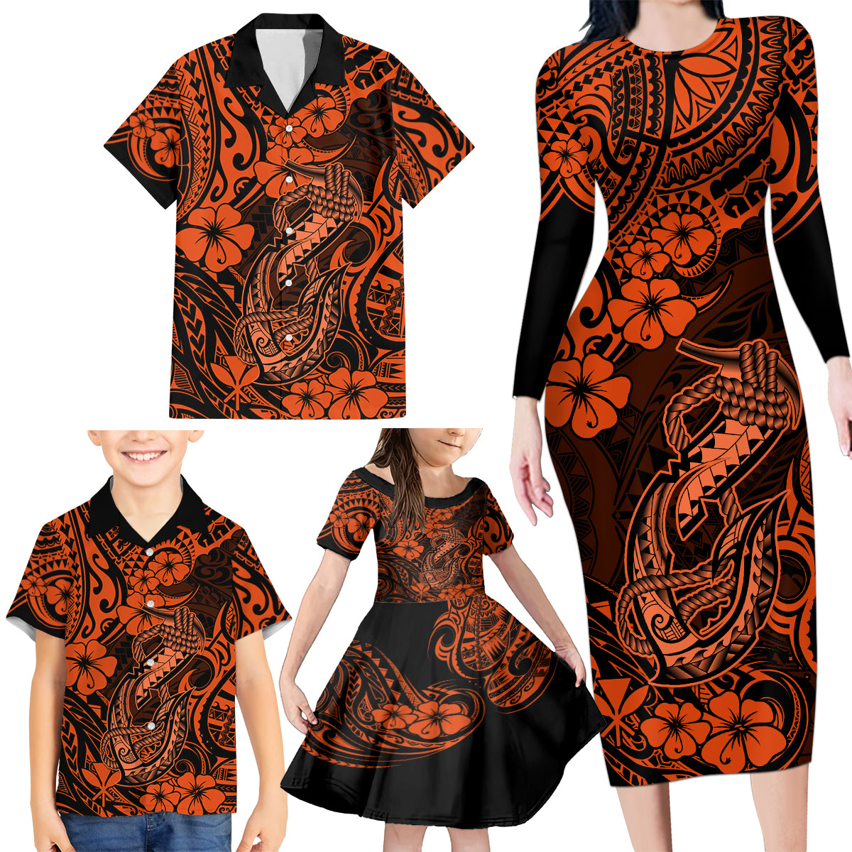 Hawaii Fish Hook Family Matching Long Sleeve Bodycon Dress and Hawaiian Shirt Polynesian Pattern Orange Version LT01 - Polynesian Pride