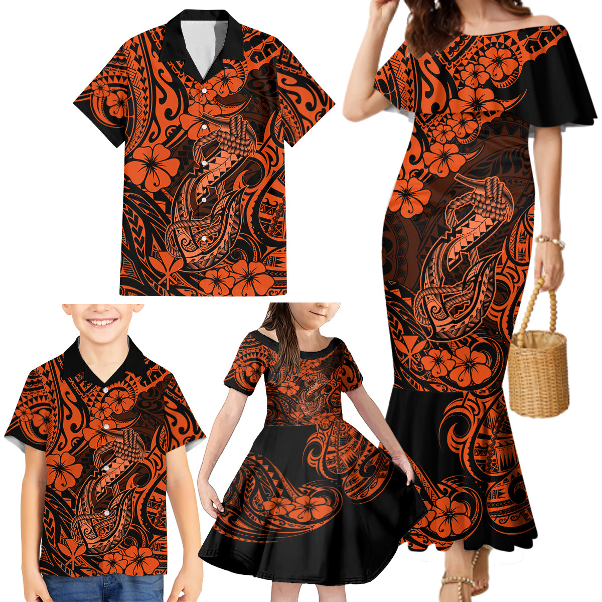 Hawaii Fish Hook Family Matching Mermaid Dress and Hawaiian Shirt Polynesian Pattern Orange Version LT01 - Polynesian Pride