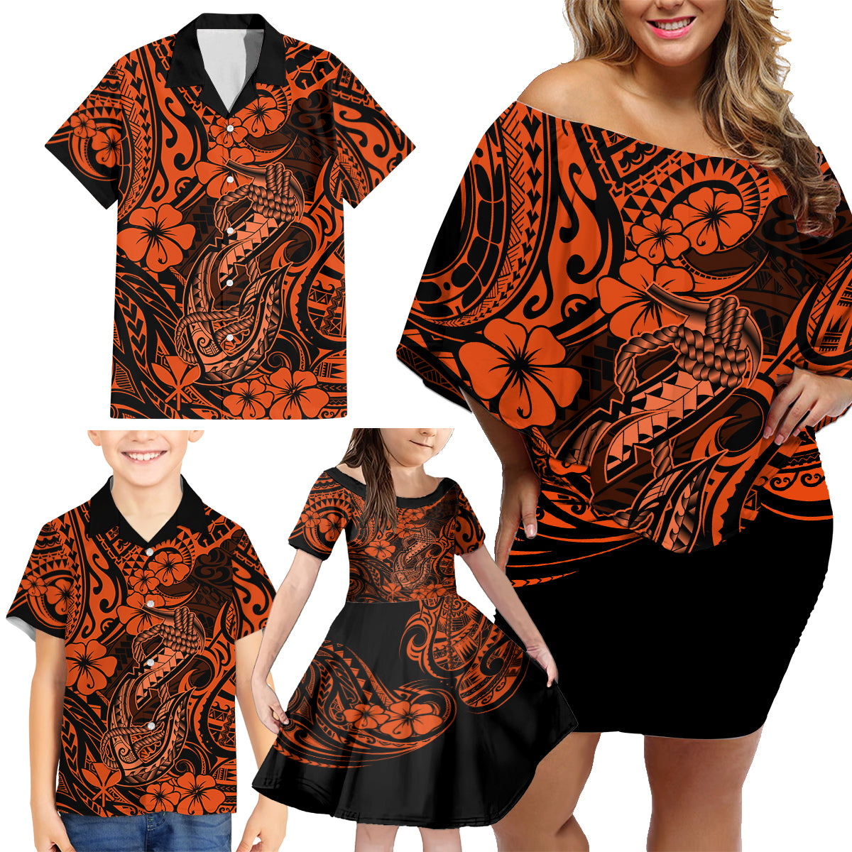 Hawaii Fish Hook Family Matching Off Shoulder Short Dress and Hawaiian Shirt Polynesian Pattern Orange Version LT01 - Polynesian Pride