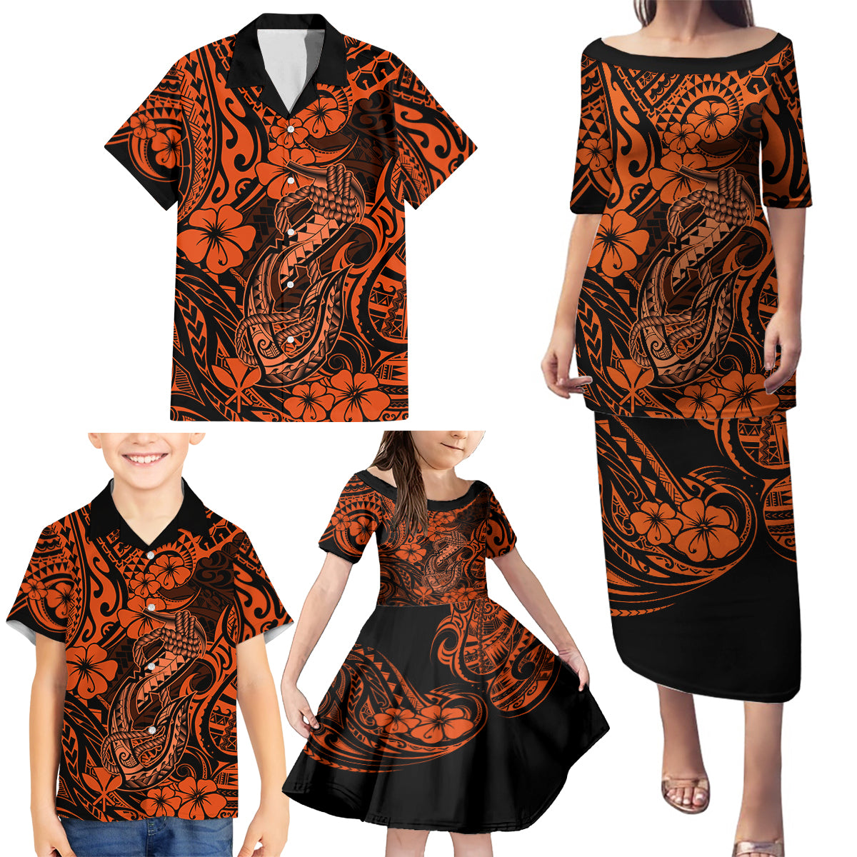 Hawaii Fish Hook Family Matching Puletasi Dress and Hawaiian Shirt Polynesian Pattern Orange Version LT01 - Polynesian Pride