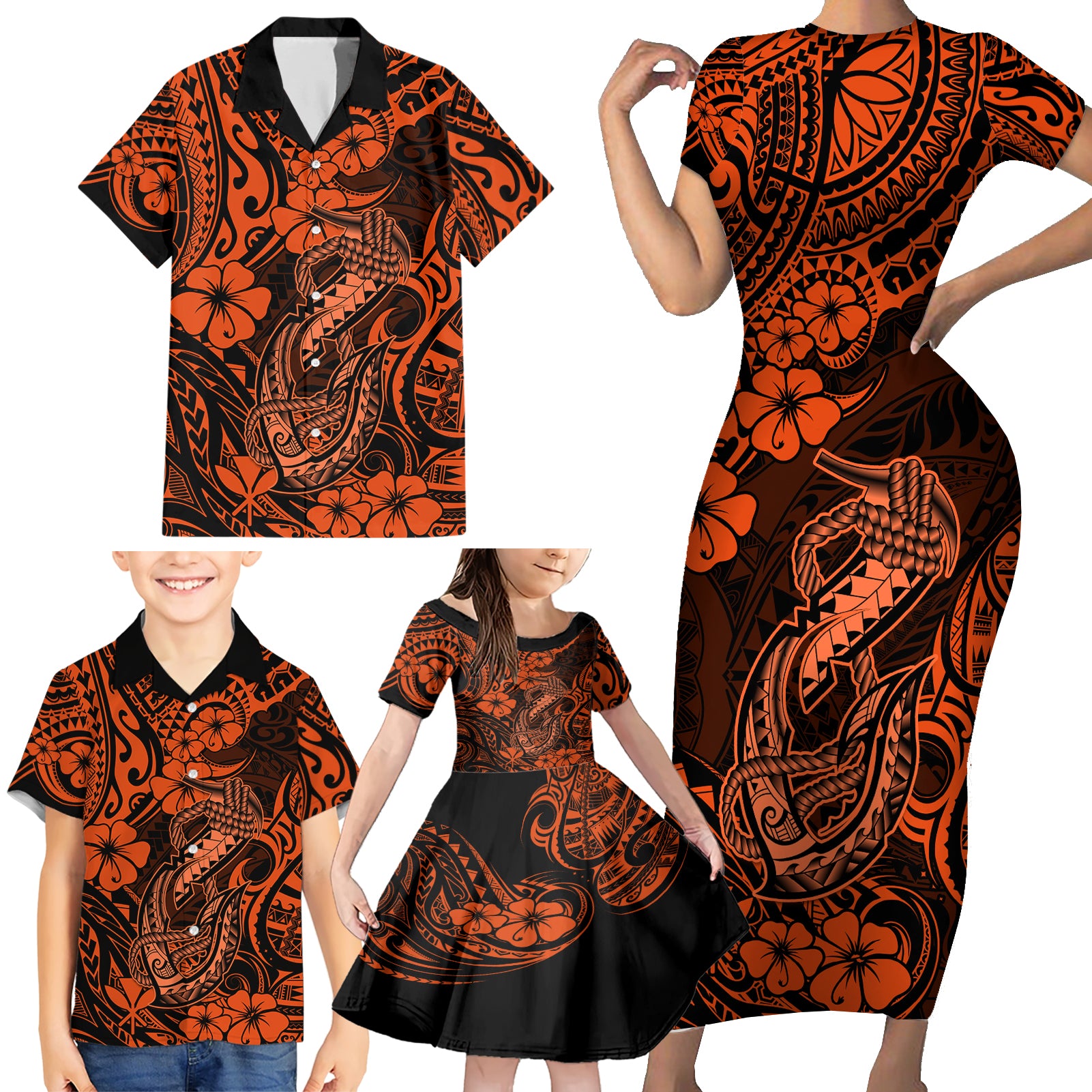 Hawaii Fish Hook Family Matching Short Sleeve Bodycon Dress and Hawaiian Shirt Polynesian Pattern Orange Version LT01 - Polynesian Pride