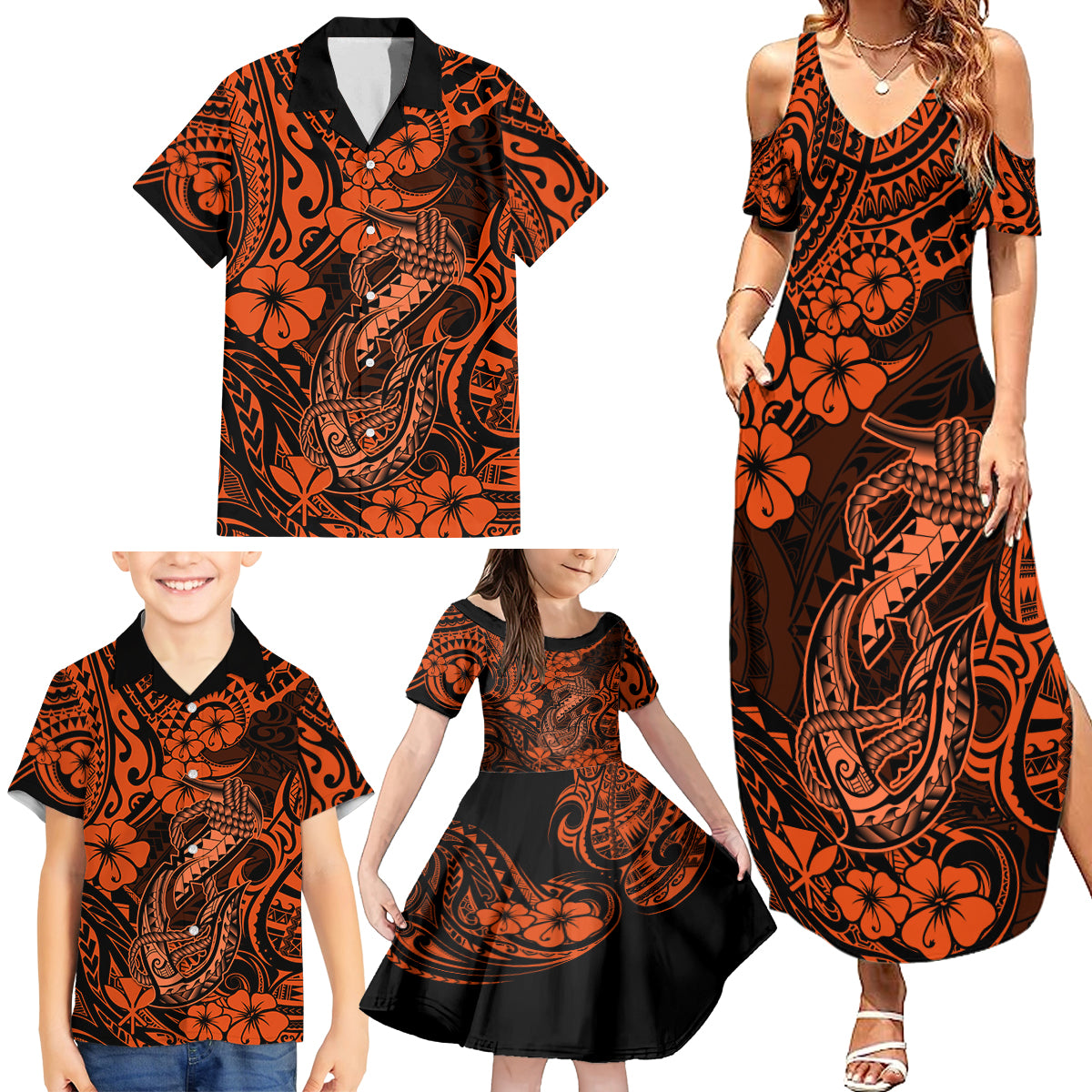 Hawaii Fish Hook Family Matching Summer Maxi Dress and Hawaiian Shirt Polynesian Pattern Orange Version LT01 - Polynesian Pride