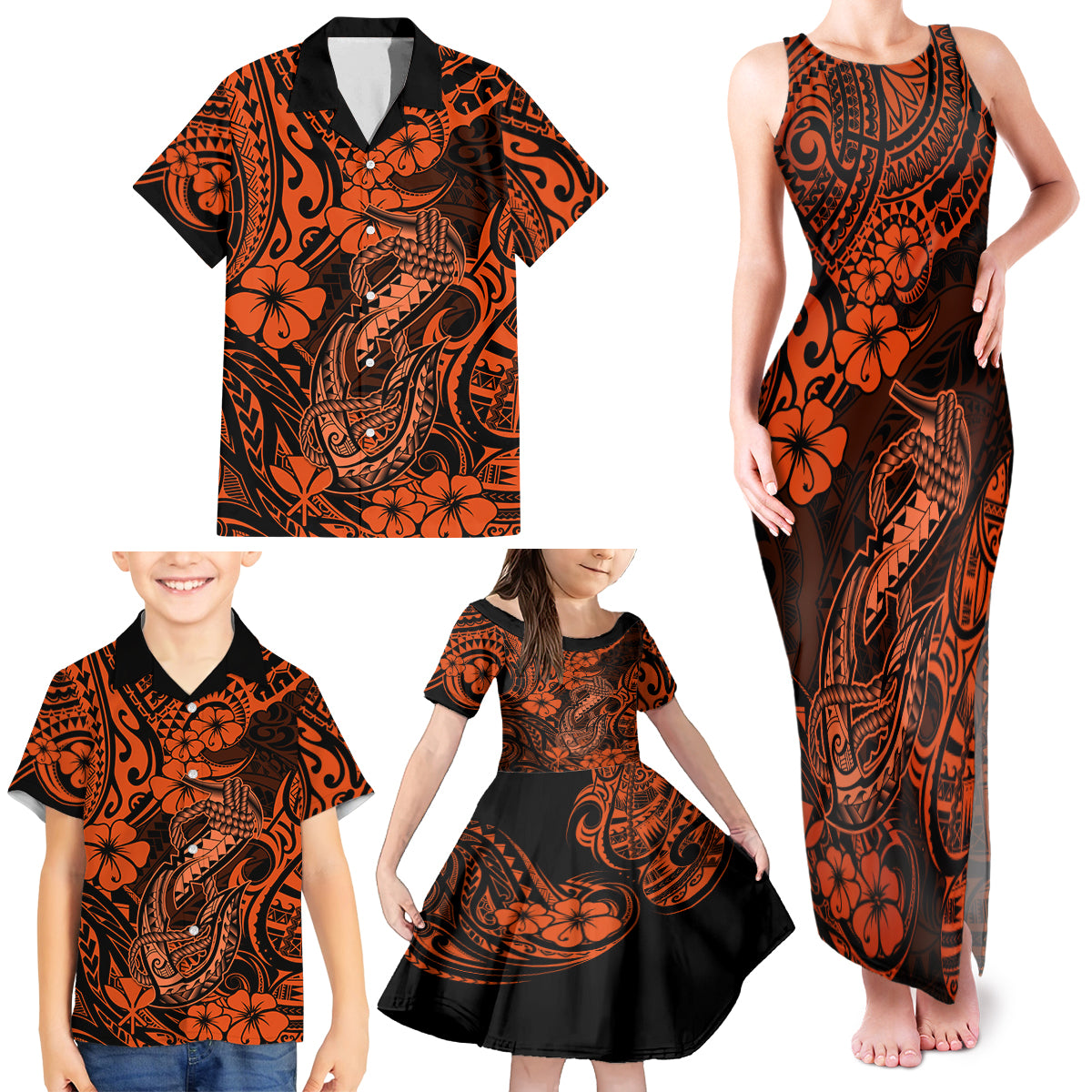 Hawaii Fish Hook Family Matching Tank Maxi Dress and Hawaiian Shirt Polynesian Pattern Orange Version LT01 - Polynesian Pride