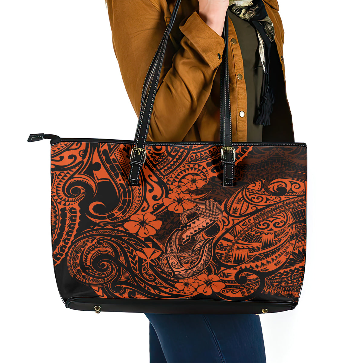 Hawaii Fish Hook Leather Tote Bag Polynesian Pattern Orange Version LT01 - Polynesian Pride