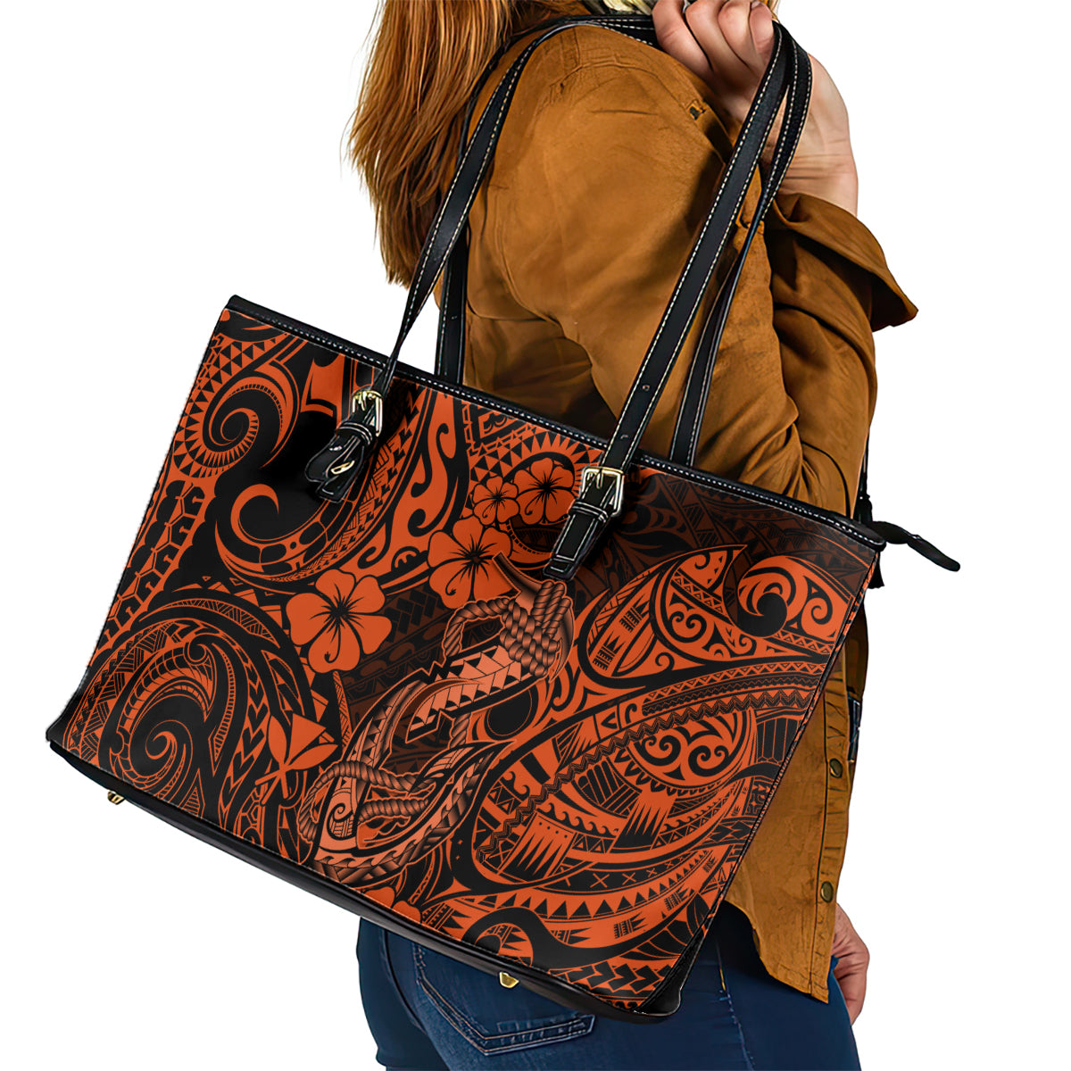 Hawaii Fish Hook Leather Tote Bag Polynesian Pattern Orange Version LT01 - Polynesian Pride