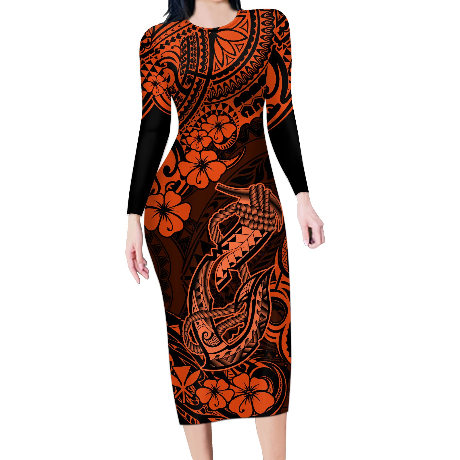 Hawaii Fish Hook Long Sleeve Bodycon Dress Polynesian Pattern Orange Version LT01 Long Dress Orange - Polynesian Pride