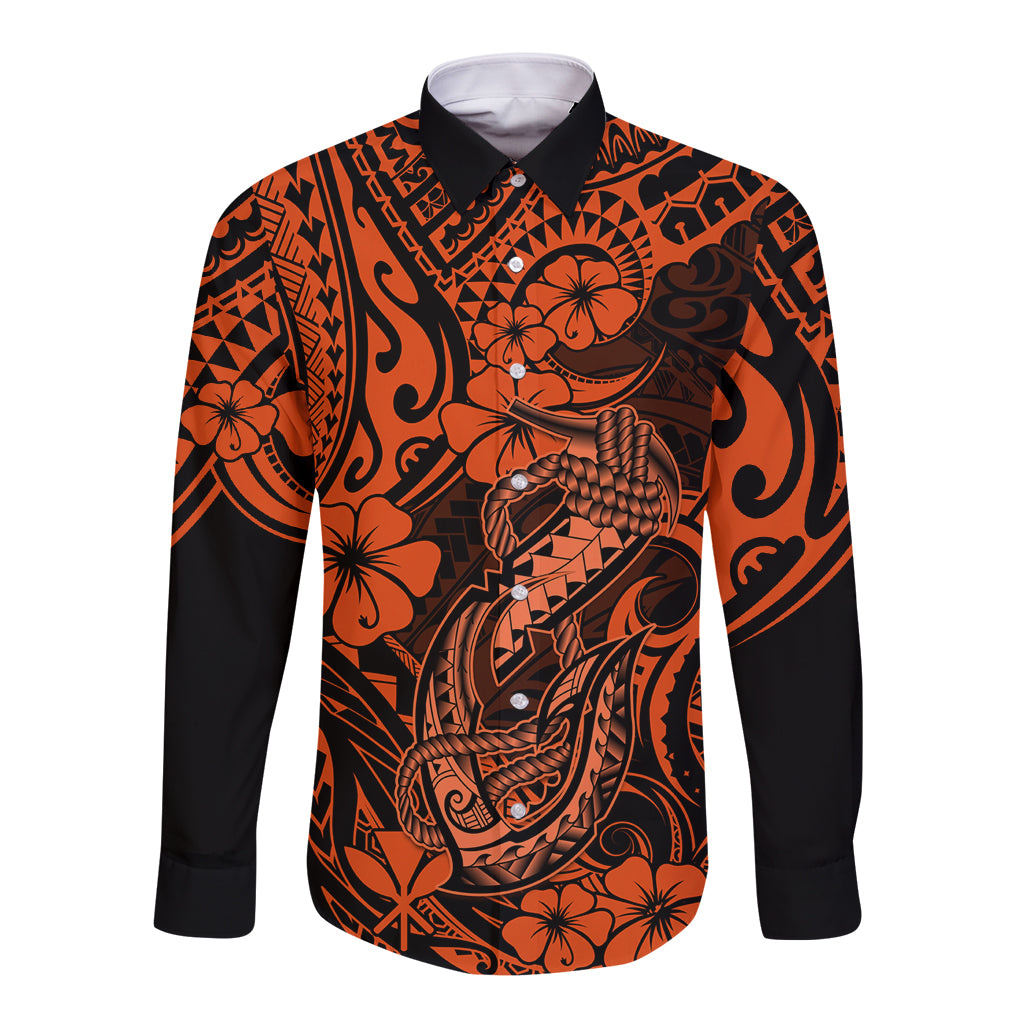 Hawaii Fish Hook Long Sleeve Button Shirt Polynesian Pattern Orange Version LT01 Unisex Orange - Polynesian Pride