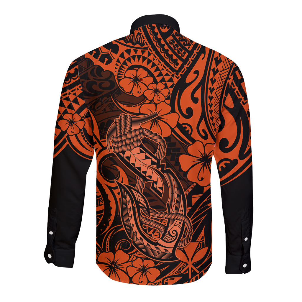 Hawaii Fish Hook Long Sleeve Button Shirt Polynesian Pattern Orange Version LT01 - Polynesian Pride
