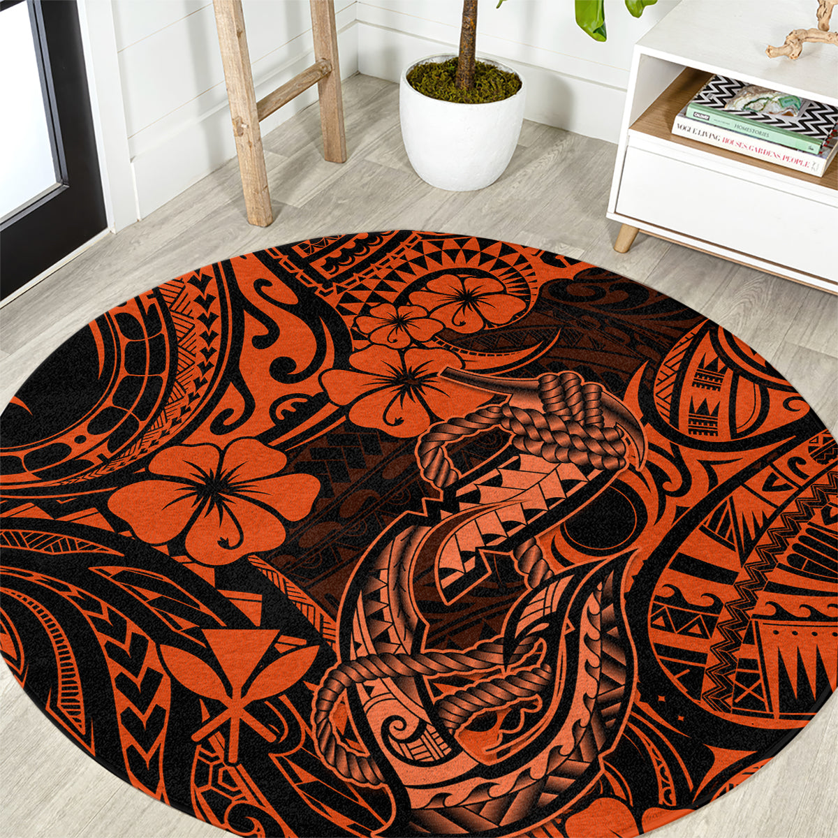 Hawaii Fish Hook Round Carpet Polynesian Pattern Orange Version LT01