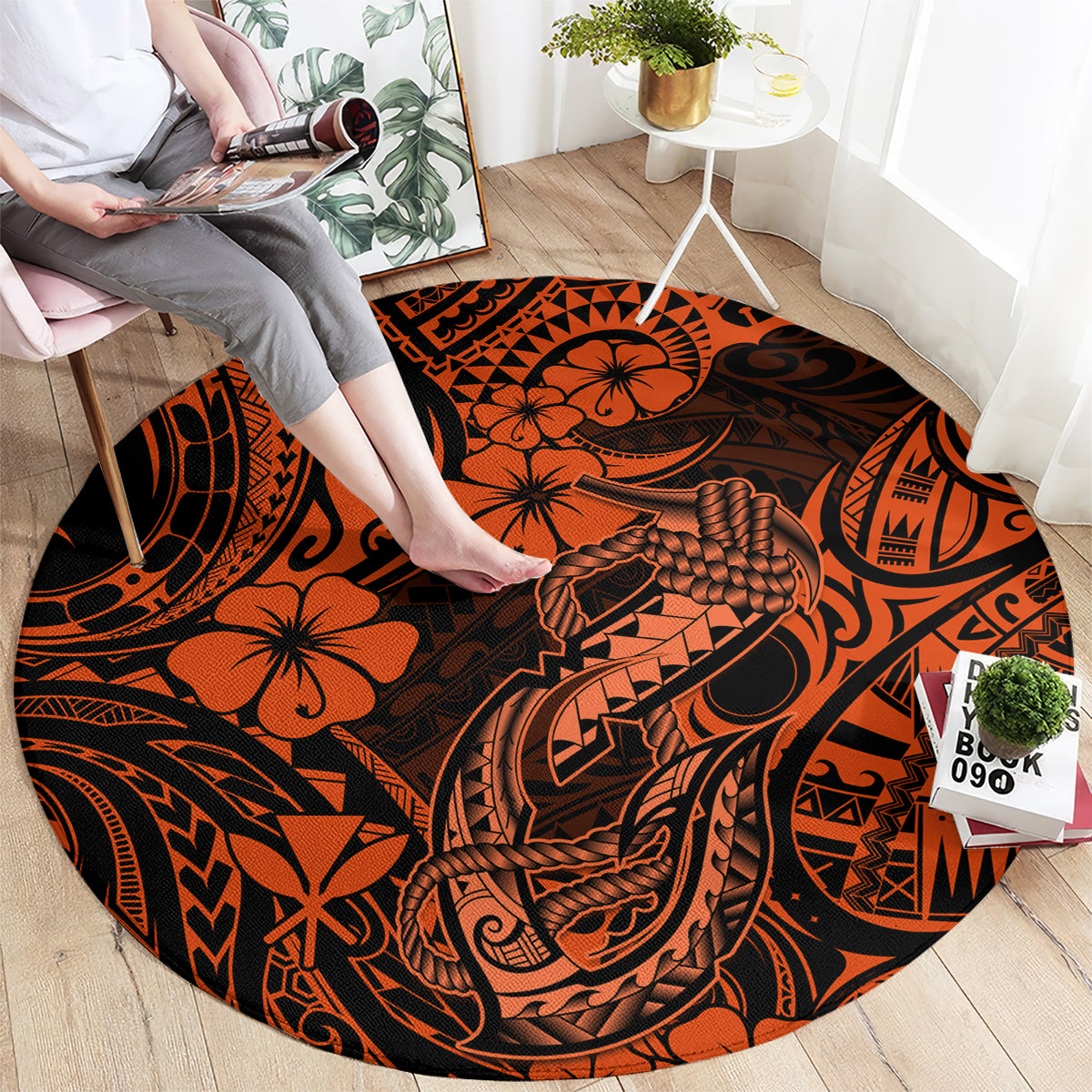 Hawaii Fish Hook Round Carpet Polynesian Pattern Orange Version LT01 - Polynesian Pride