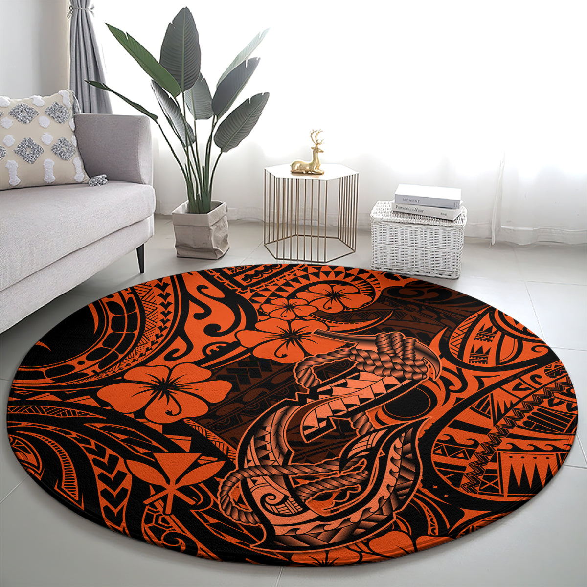 Hawaii Fish Hook Round Carpet Polynesian Pattern Orange Version LT01 - Polynesian Pride