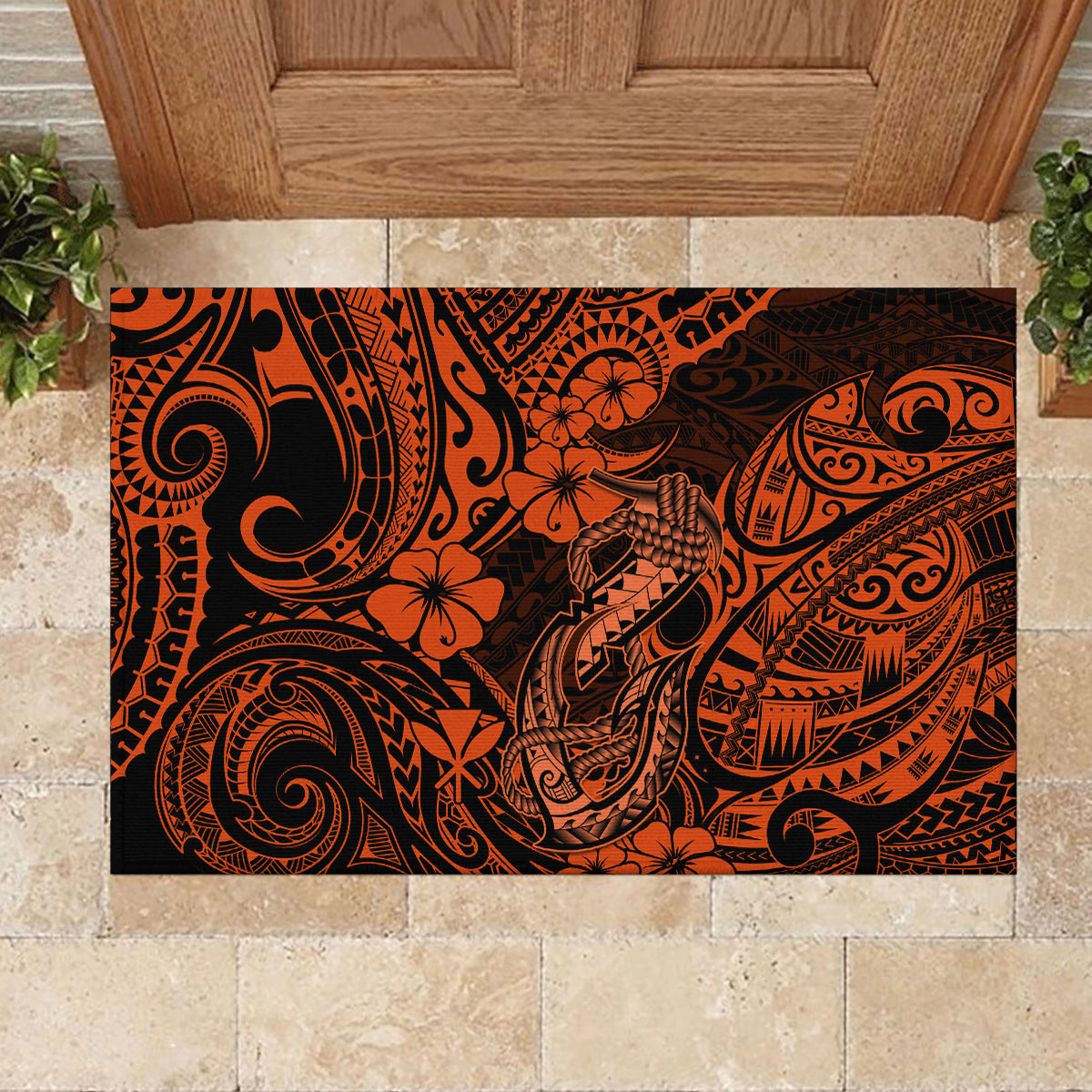 Hawaii Fish Hook Rubber Doormat Polynesian Pattern Orange Version LT01 - Polynesian Pride