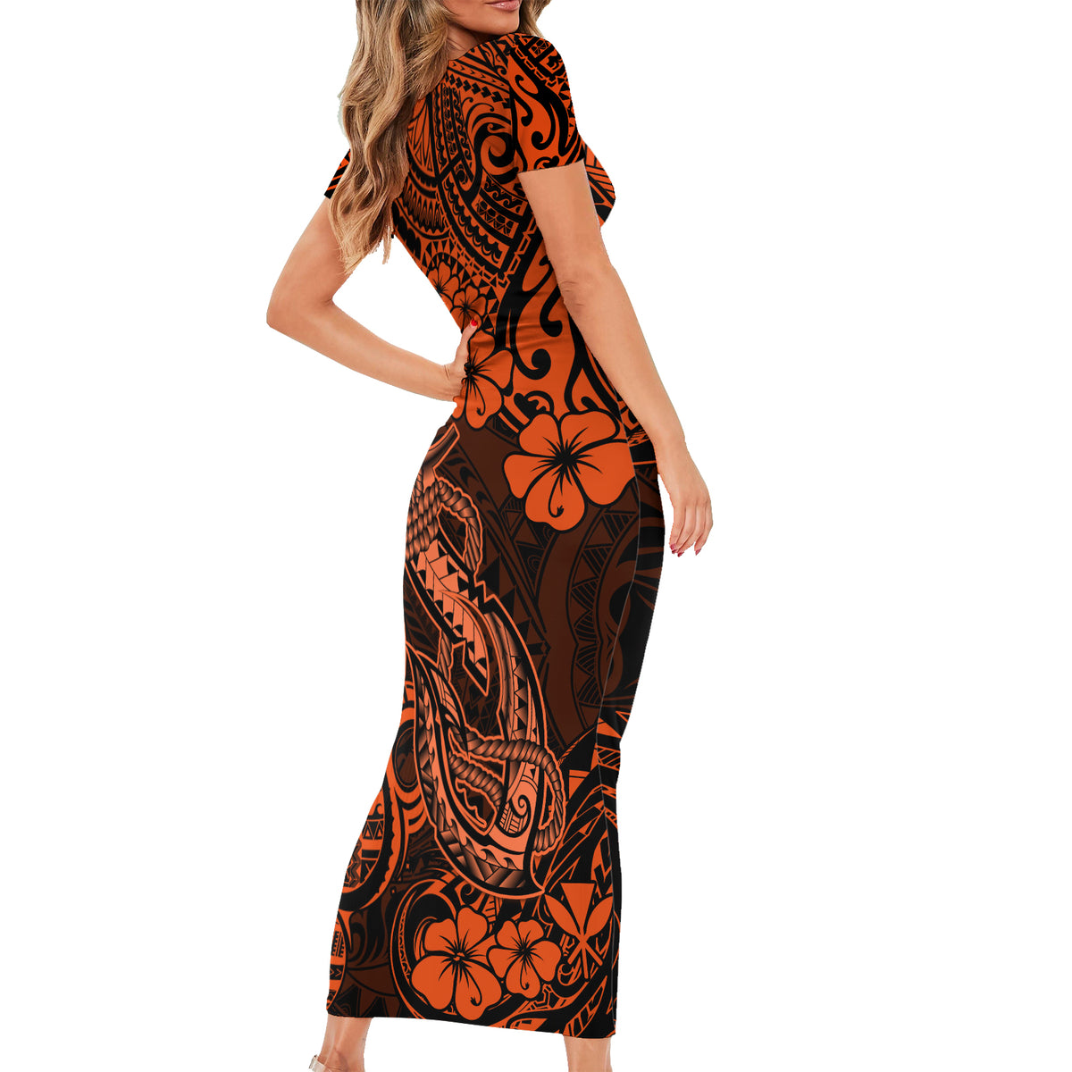 Hawaii Fish Hook Short Sleeve Bodycon Dress Polynesian Pattern Orange Version LT01 - Polynesian Pride