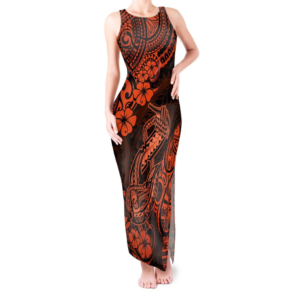 Hawaii Fish Hook Tank Maxi Dress Polynesian Pattern Orange Version LT01 Women Orange - Polynesian Pride