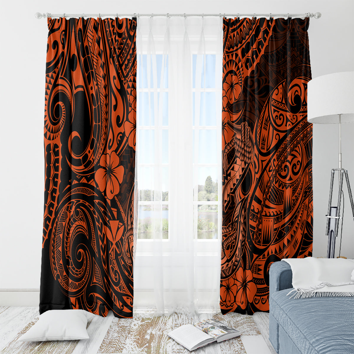 Hawaii Fish Hook Window Curtain Polynesian Pattern Orange Version LT01