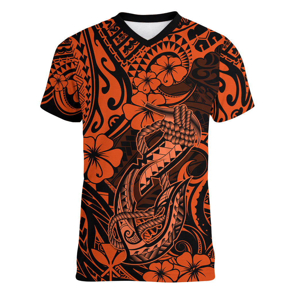 Hawaii Fish Hook Women V Neck T Shirt Polynesian Pattern Orange Version LT01 Female Orange - Polynesian Pride